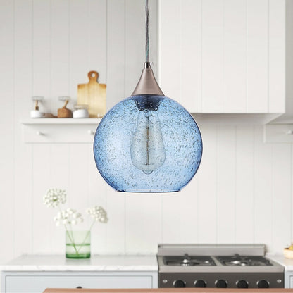 Farmhouse 1-Light Brushed Nickel Pendant Lamp with Blue Seeded Glass Shade