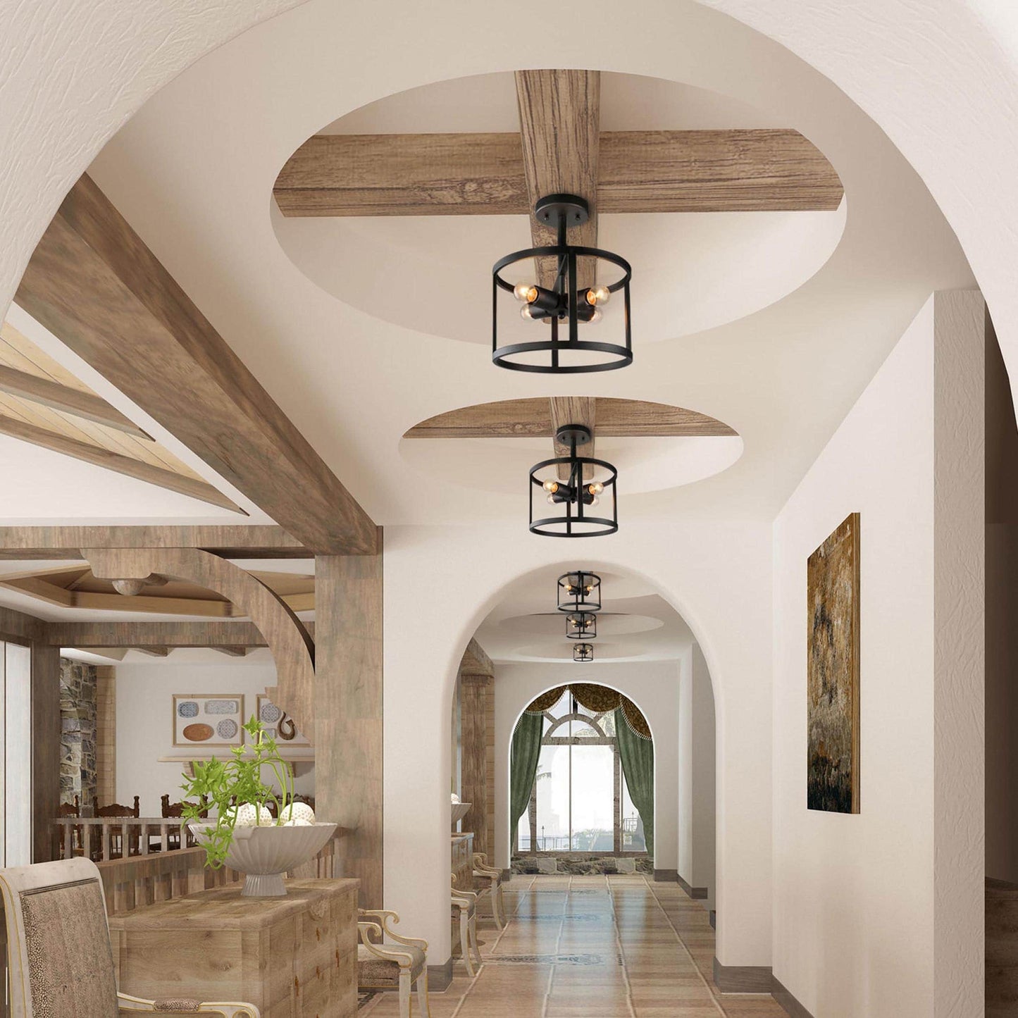 Farmhouse Black 4-Light Semi-Flush Mount Light Drum Chandelier Ceiling Light