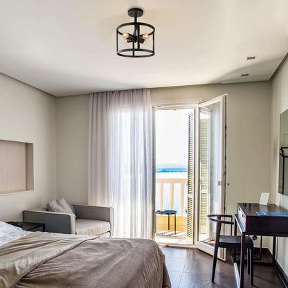 Farmhouse Black 4-Light Semi-Flush Mount Light Drum Chandelier Ceiling Light