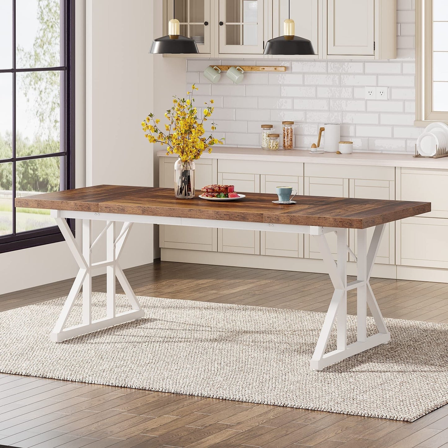 Farmhouse Dining Table for 6 People, 70.8-Inch Rectangular Wood Kitchen Table