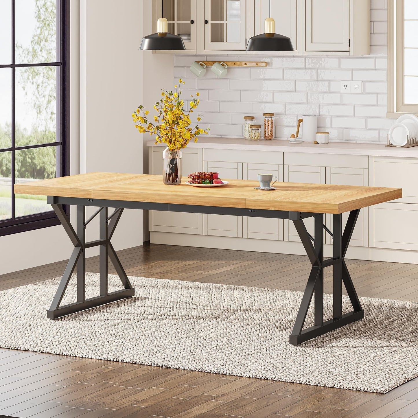 Farmhouse Dining Table for 6 People, 70.8-Inch Rectangular Wood Kitchen Table