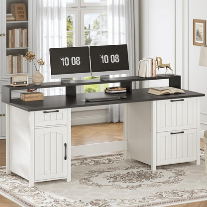 Farmhouse Executive Desk Home Office Desk File Drawer Monitor Stand Power Outlet