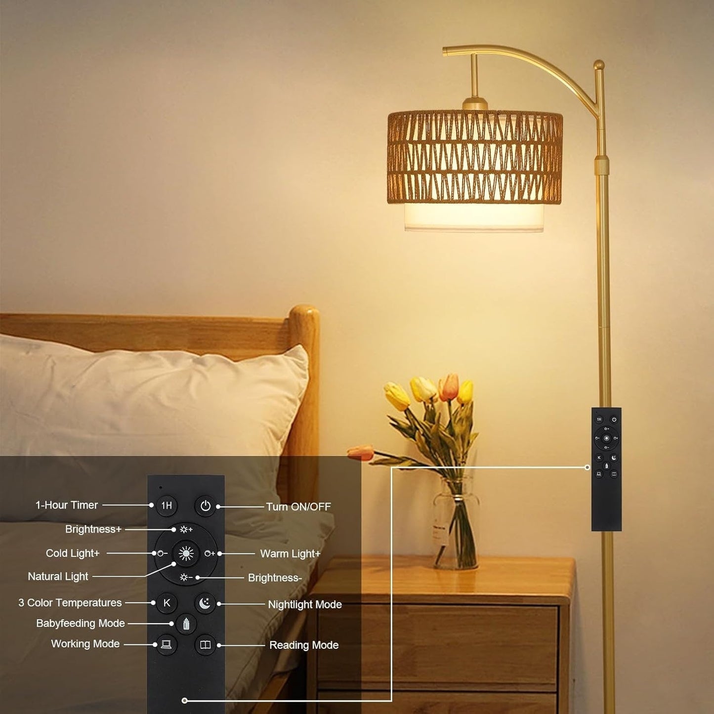 Farmhouse Floor Lamps with Remote & Dimmable Bulb