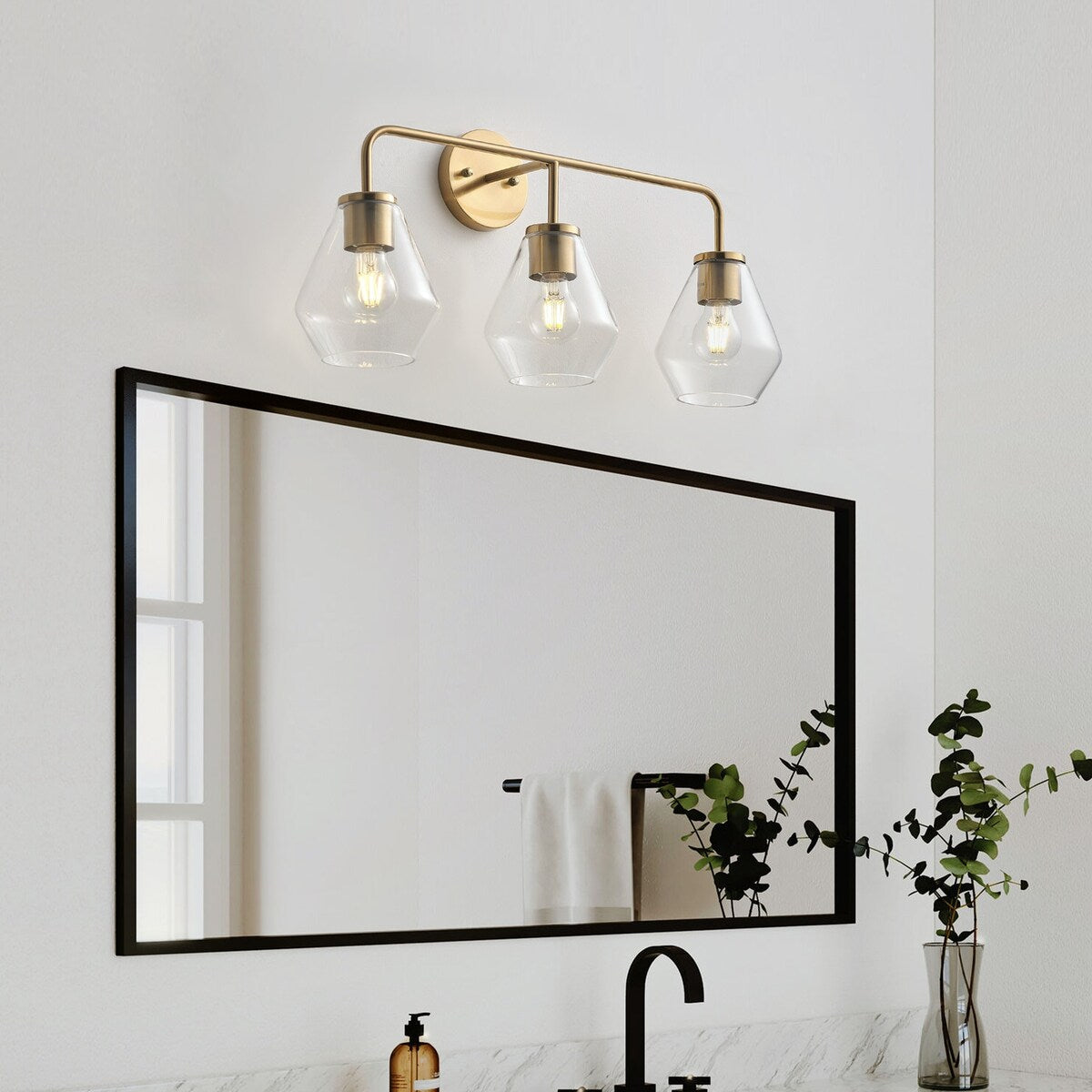 Farmhouse Gold 3-Light Bathroom Glass Vanity Light Fixture Over Mirror