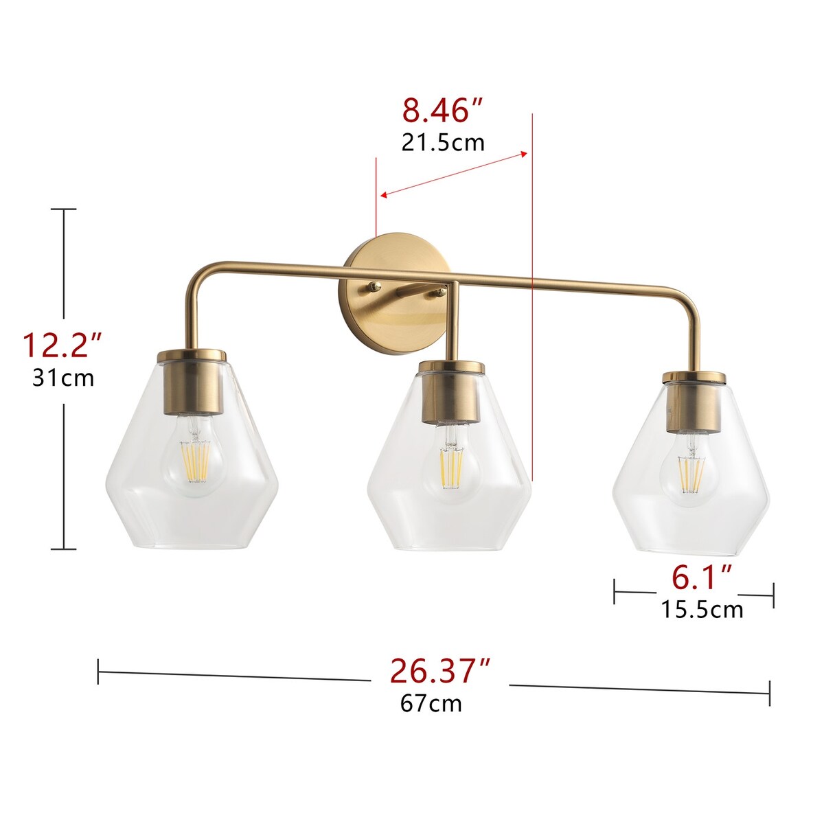 Farmhouse Gold 3-Light Bathroom Glass Vanity Light Fixture Over Mirror