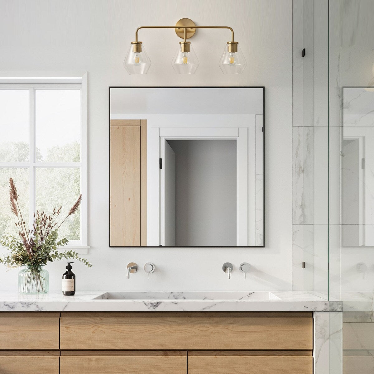 Farmhouse Gold 3-Light Bathroom Glass Vanity Light Fixture Over Mirror