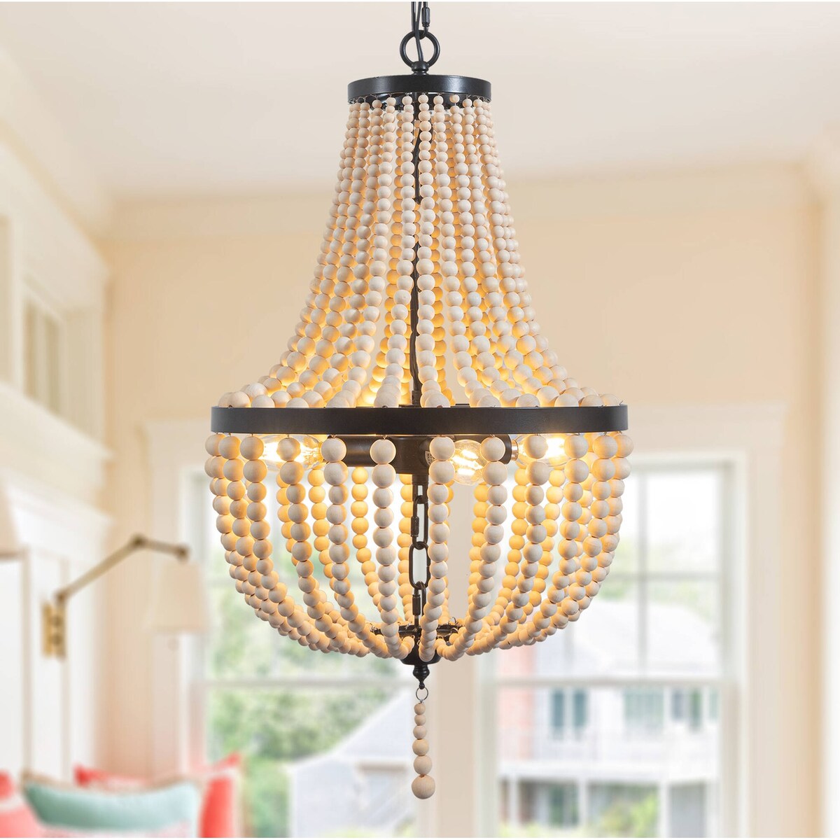 Farmhouse Wood Beaded Chandelier Modern Light