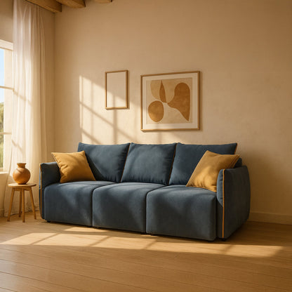 Divano Flexar con 3 sedute allungabili schienale in piuma d'oca in bouclé impermeabile T07 blu - arancio 