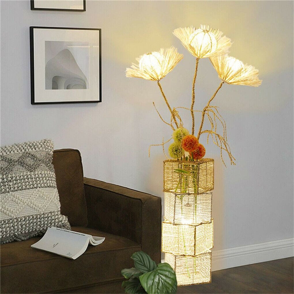 Floor Lamp Pastoral with Hand-Woven Flower Rattan LED Night Light - 10.83” W x 51.18” H