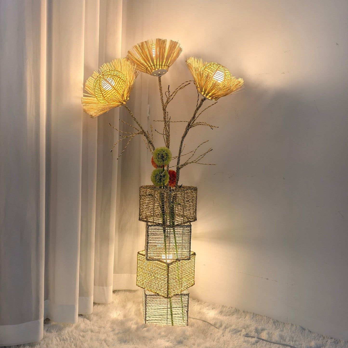 Floor Lamp Pastoral with Hand-Woven Flower Rattan LED Night Light - 10.83” W x 51.18” H
