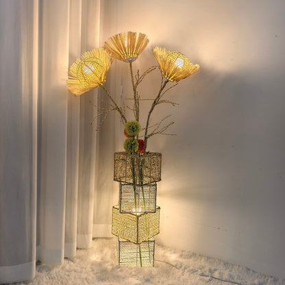 Floor Lamp Pastoral with Hand-Woven Flower Rattan LED Night Light - 10.83” W x 51.18” H