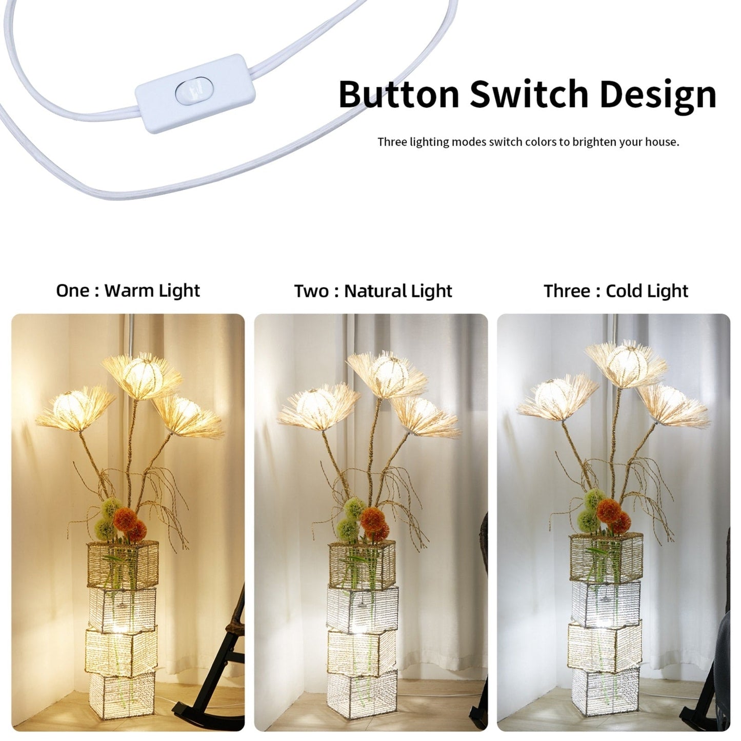 Floor Lamp Pastoral with Hand-Woven Flower Rattan LED Night Light - 10.83” W x 51.18” H