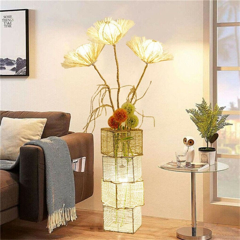 Floor Lamp Pastoral with Hand-Woven Flower Rattan LED Night Light - 10.83” W x 51.18” H