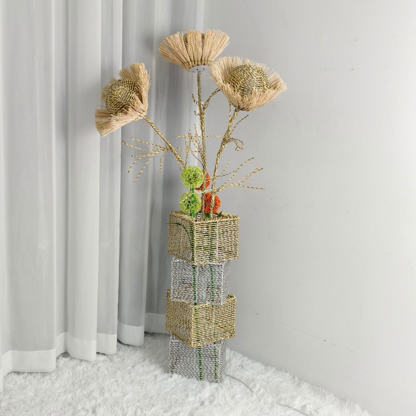 Floor Lamp Pastoral with Hand-Woven Flower Rattan LED Night Light - 10.83” W x 51.18” H