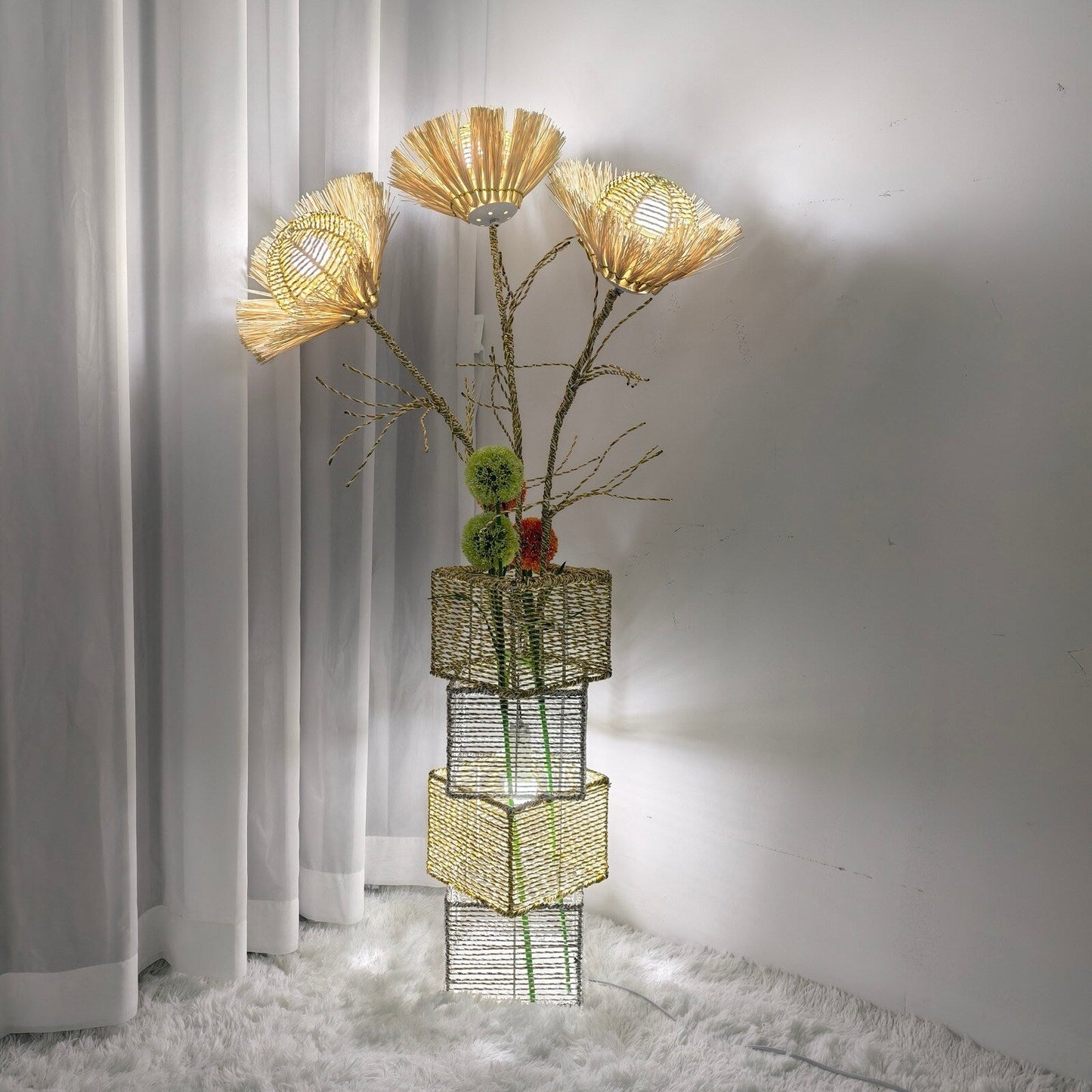 Floor Lamp Pastoral with Hand-Woven Flower Rattan LED Night Light - 10.83” W x 51.18” H