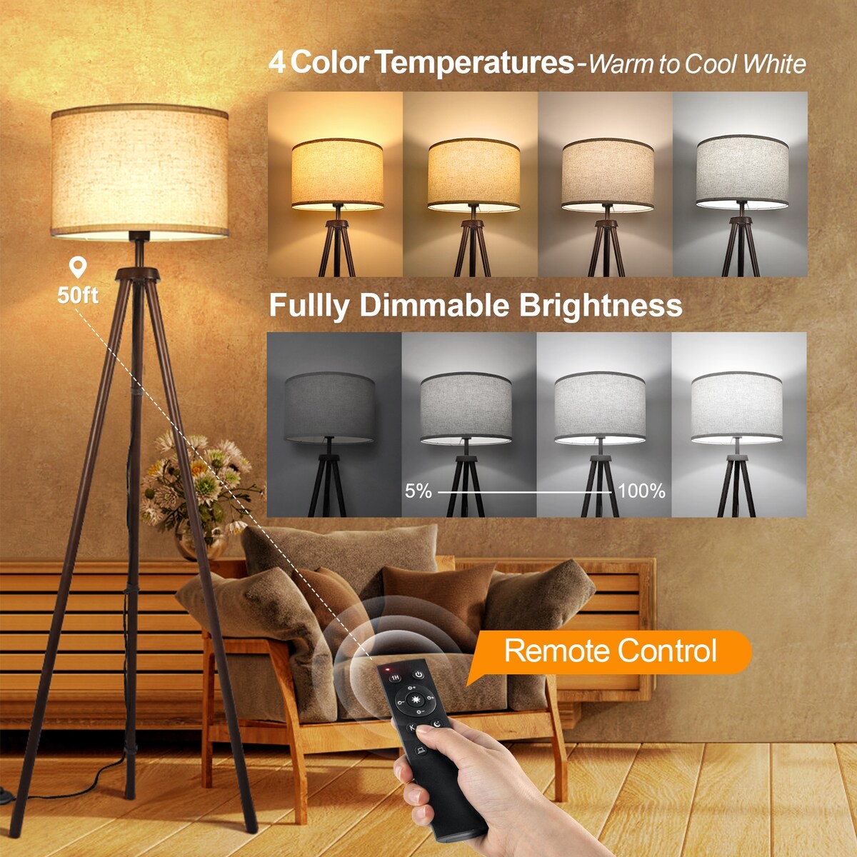 63 in. Black Walnut Tripod Floor Lamp with Solid Wood Legs