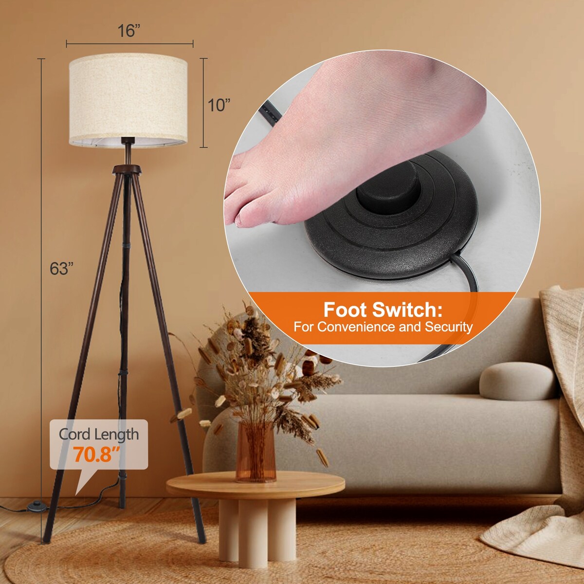 63 in. Black Walnut Tripod Floor Lamp with Solid Wood Legs