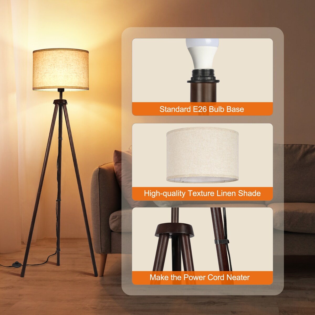 63 in. Black Walnut Tripod Floor Lamp with Solid Wood Legs