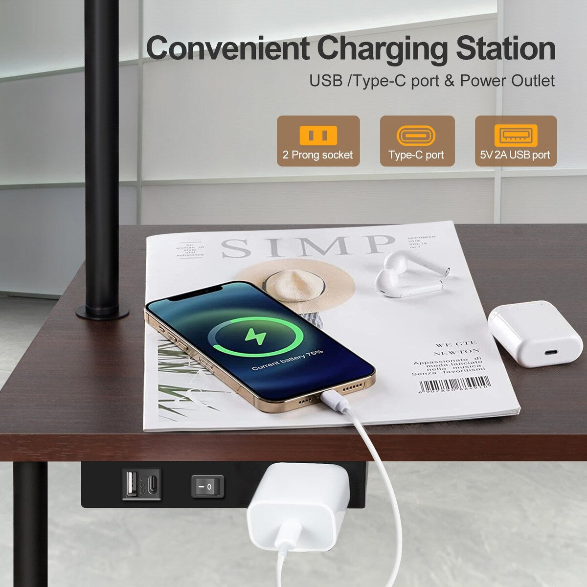 62 inch Floor Lamp with Magazine Desk - Drawer Style