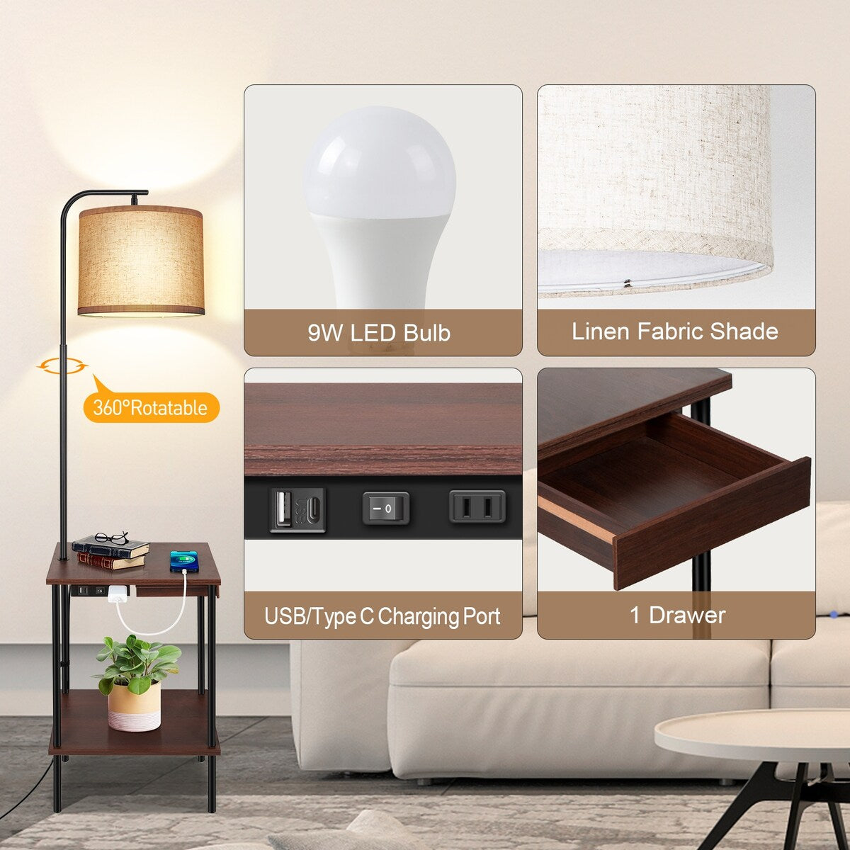 62 inch Floor Lamp with Magazine Desk - Drawer Style