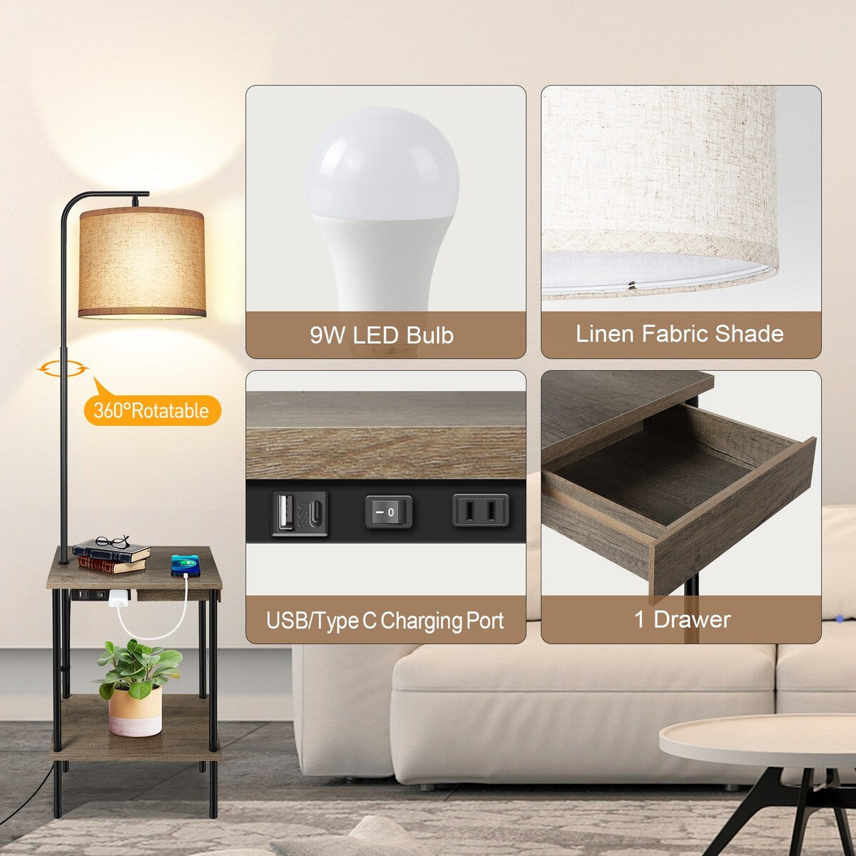 62 inch Floor Lamp with Magazine Desk - Drawer Style