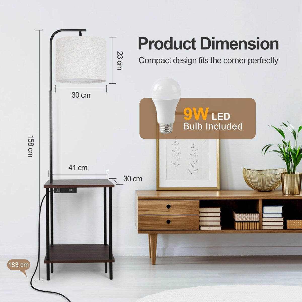 62 inch Floor Lamp with Square Magazine Table - walnut