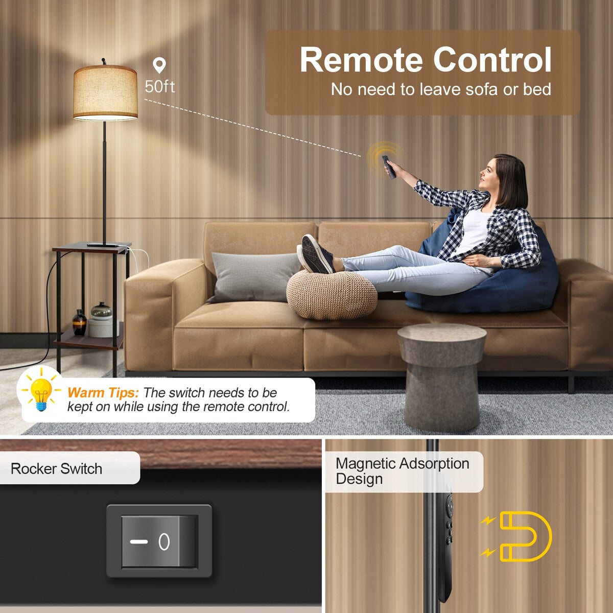 62 inch Floor Lamp with Square Magazine Table - walnut