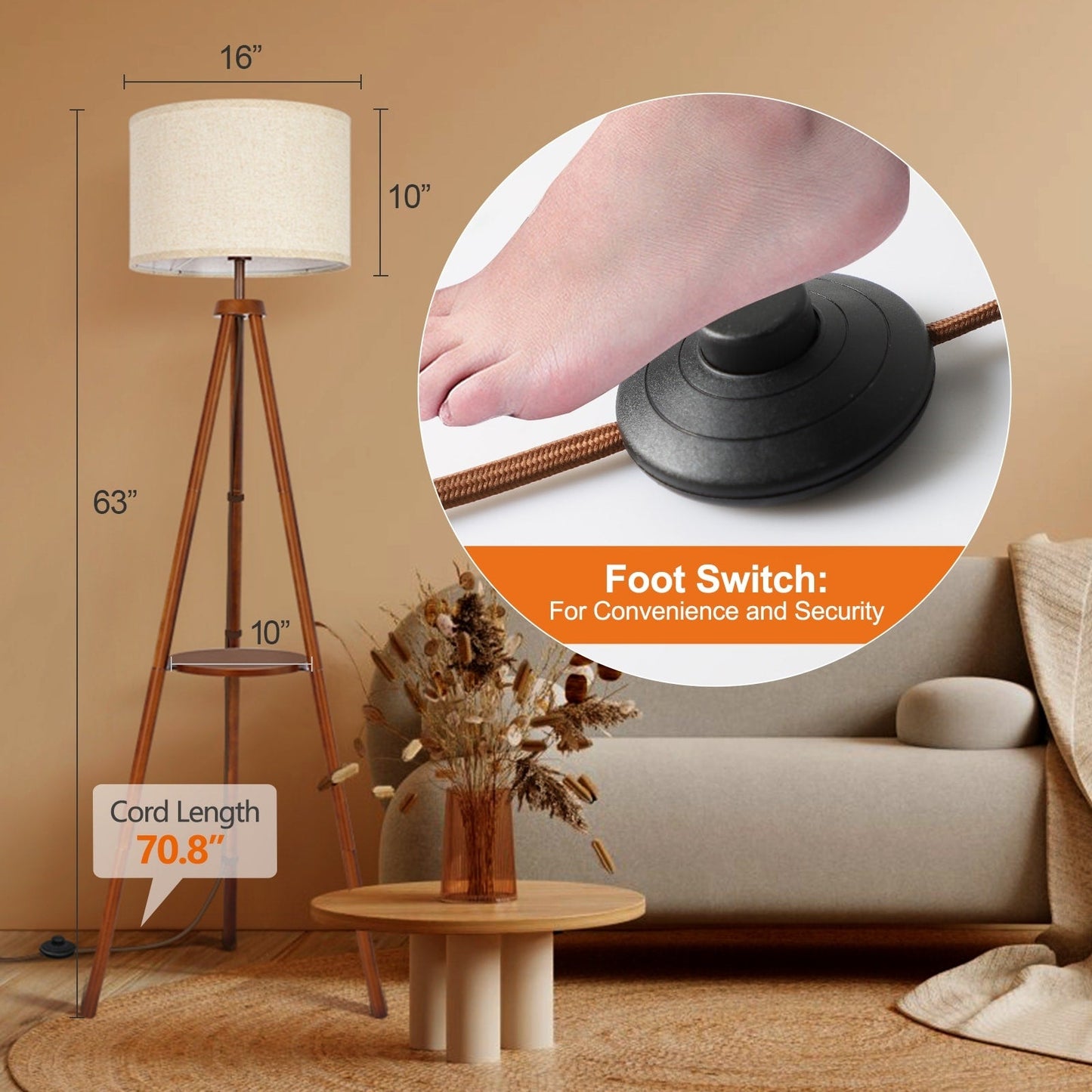 63 in. Walnut Tripod Floor Lamp with Solid Wood Legs and Tray