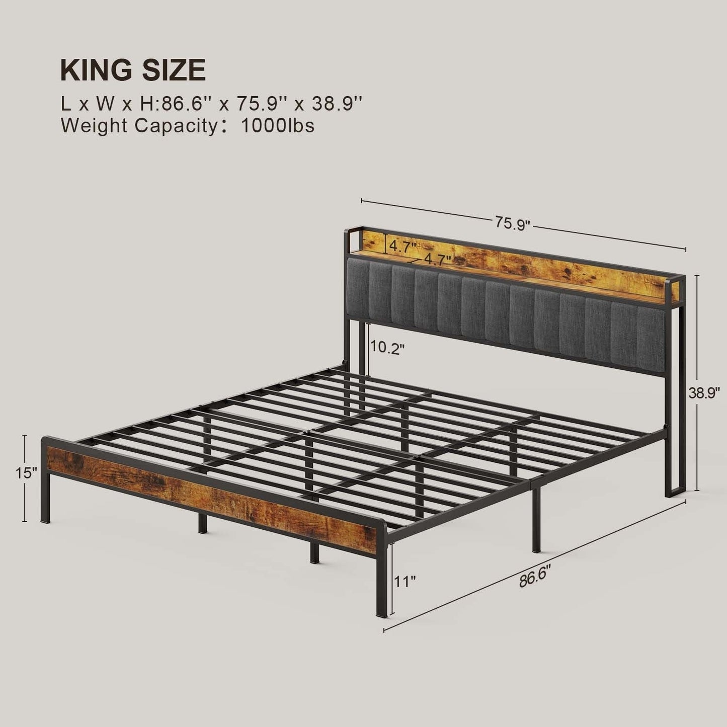 Twin / Full / Queen / King Size Metal Platform Bed Frame with Upholstered Storage Headboard