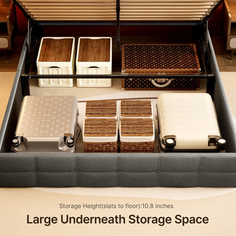 Lift Up Storage Bed Frame, Upholstered Platform Bed Frame with Hydraulic Storage System and Headboard