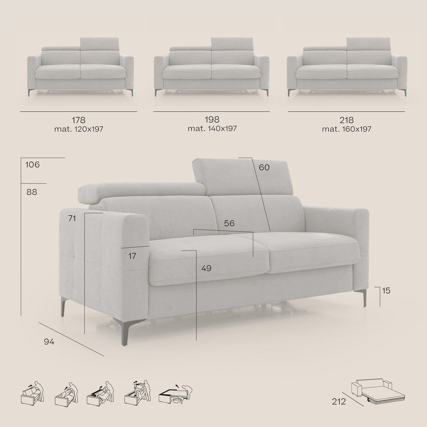Gardenia divano letto materasso alto 18 cm con poggiatesta reclinabili e rivestimento impermeabile T02 marrone