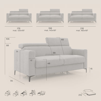 Gardenia divano letto materasso alto 18 cm con poggiatesta reclinabili e rivestimento impermeabile T02 grigio chiaro