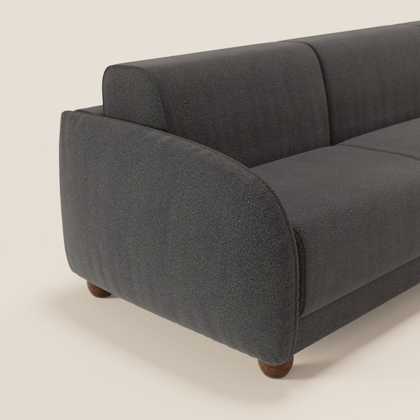 Giglio divano letto angolare con materasso alto 18 cm e penisola contenitore in morbido bouclé impermeabile T07 antracite 