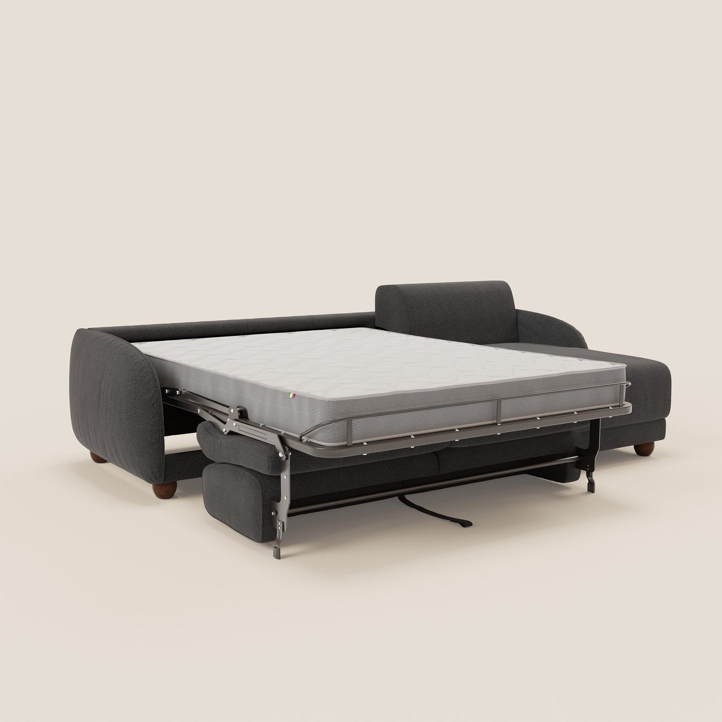 Giglio divano letto angolare con materasso alto 18 cm e penisola contenitore in morbido bouclé impermeabile T07 antracite 