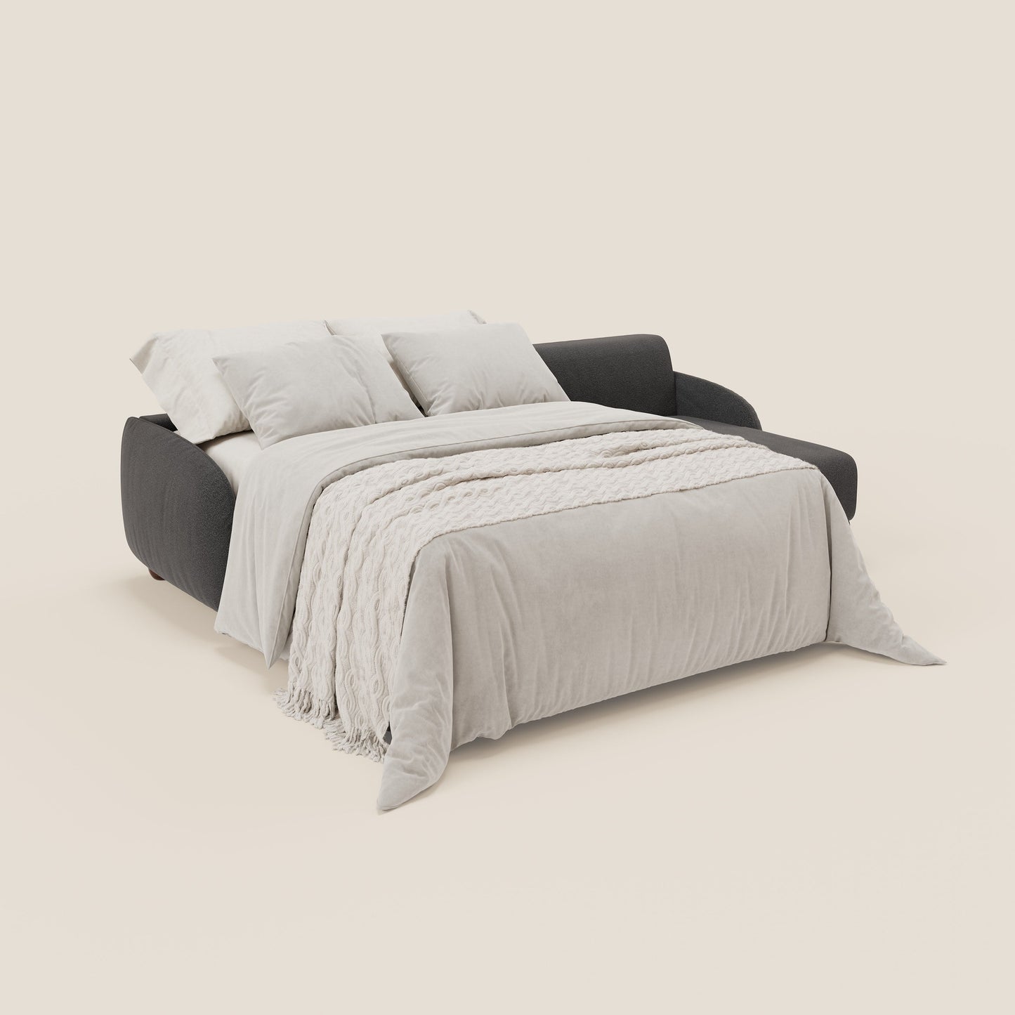 Giglio divano letto angolare con materasso alto 18 cm e penisola contenitore in morbido bouclé impermeabile T07 antracite 