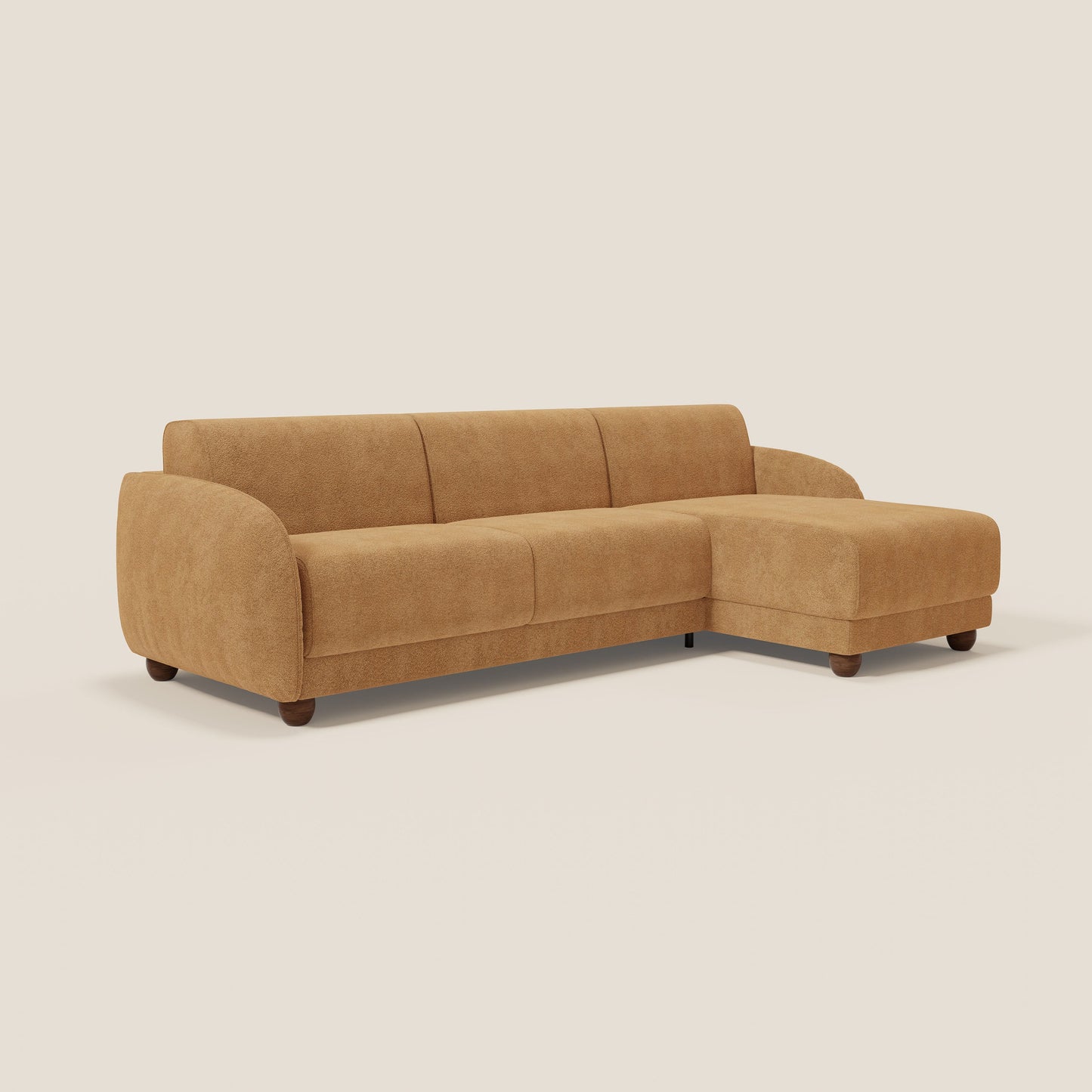 Giglio divano letto angolare con materasso alto 18 cm e penisola contenitore in morbido bouclé impermeabile T07 arancio 