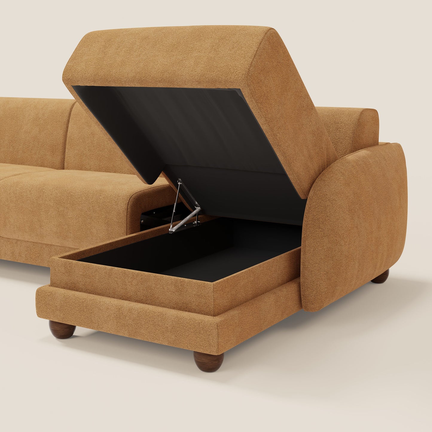 Giglio divano letto angolare con materasso alto 18 cm e penisola contenitore in morbido bouclé impermeabile T07 arancio 