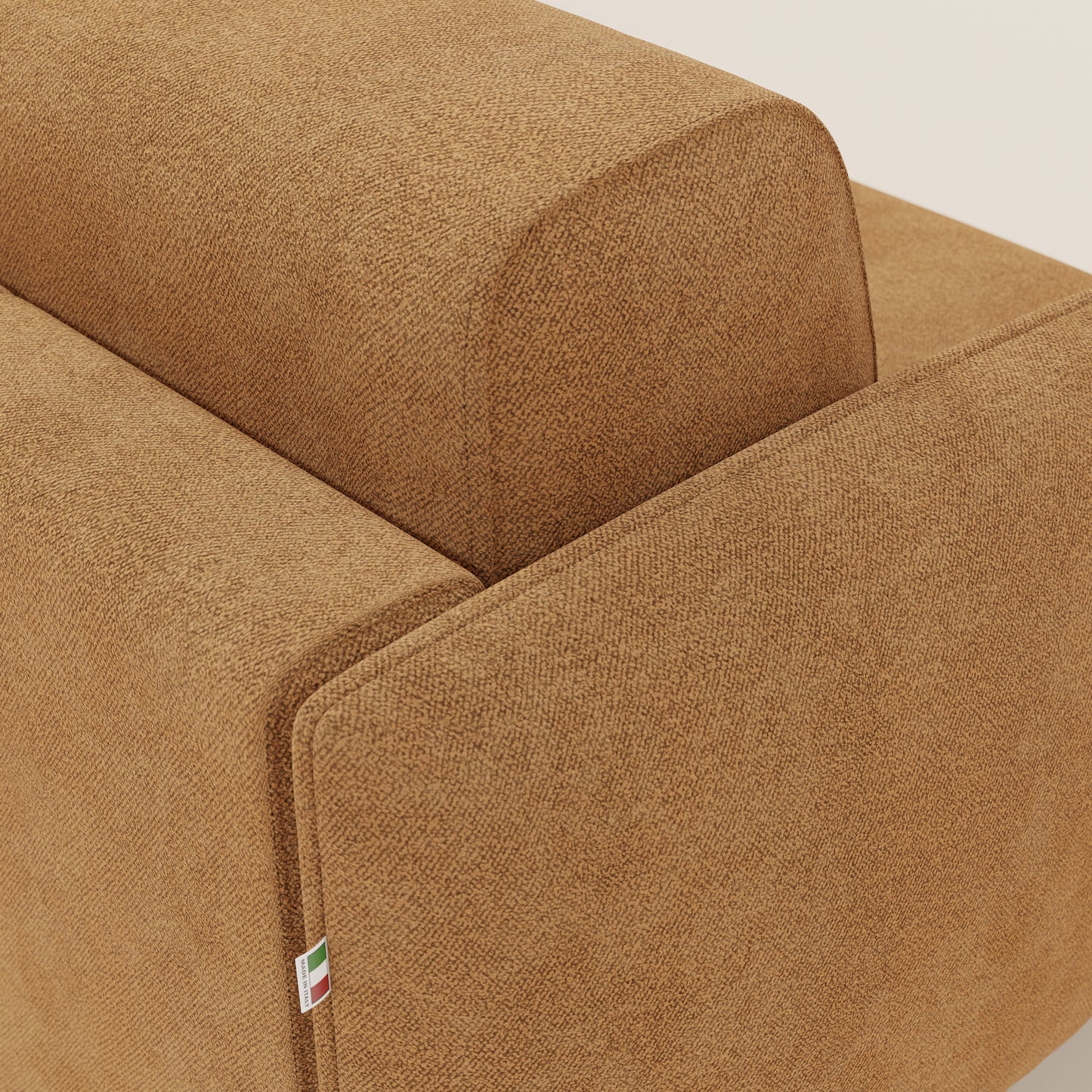 Giglio divano letto angolare con materasso alto 18 cm e penisola contenitore in morbido bouclé impermeabile T07 arancio 