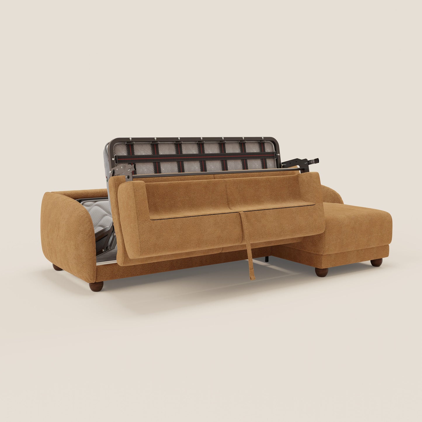 Giglio divano letto angolare con materasso alto 18 cm e penisola contenitore in morbido bouclé impermeabile T07 arancio 