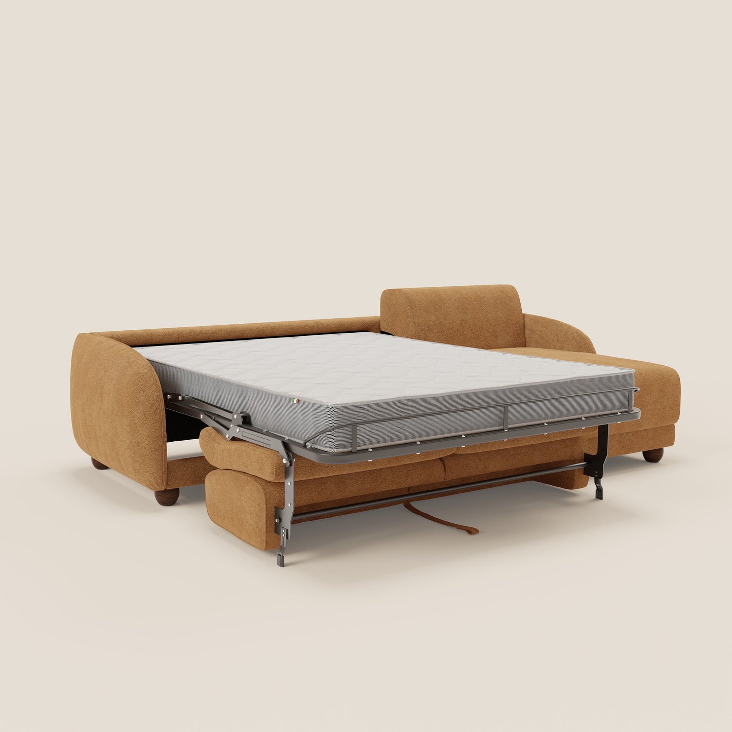 Giglio divano letto angolare con materasso alto 18 cm e penisola contenitore in morbido bouclé impermeabile T07 arancio 