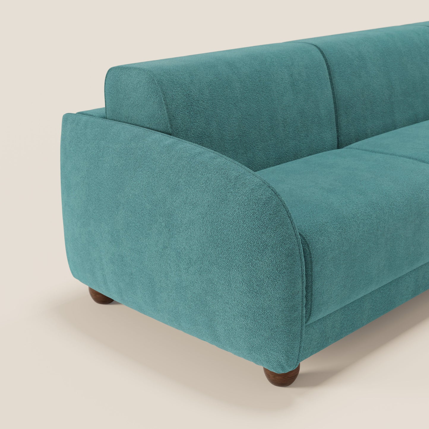 Giglio divano letto angolare con materasso alto 18 cm e penisola contenitore in morbido bouclé impermeabile T07 azzurro 