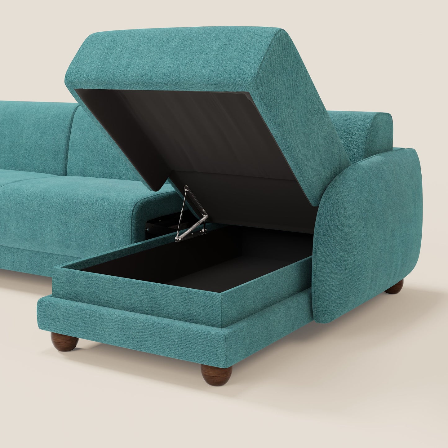 Giglio divano letto angolare con materasso alto 18 cm e penisola contenitore in morbido bouclé impermeabile T07 azzurro 