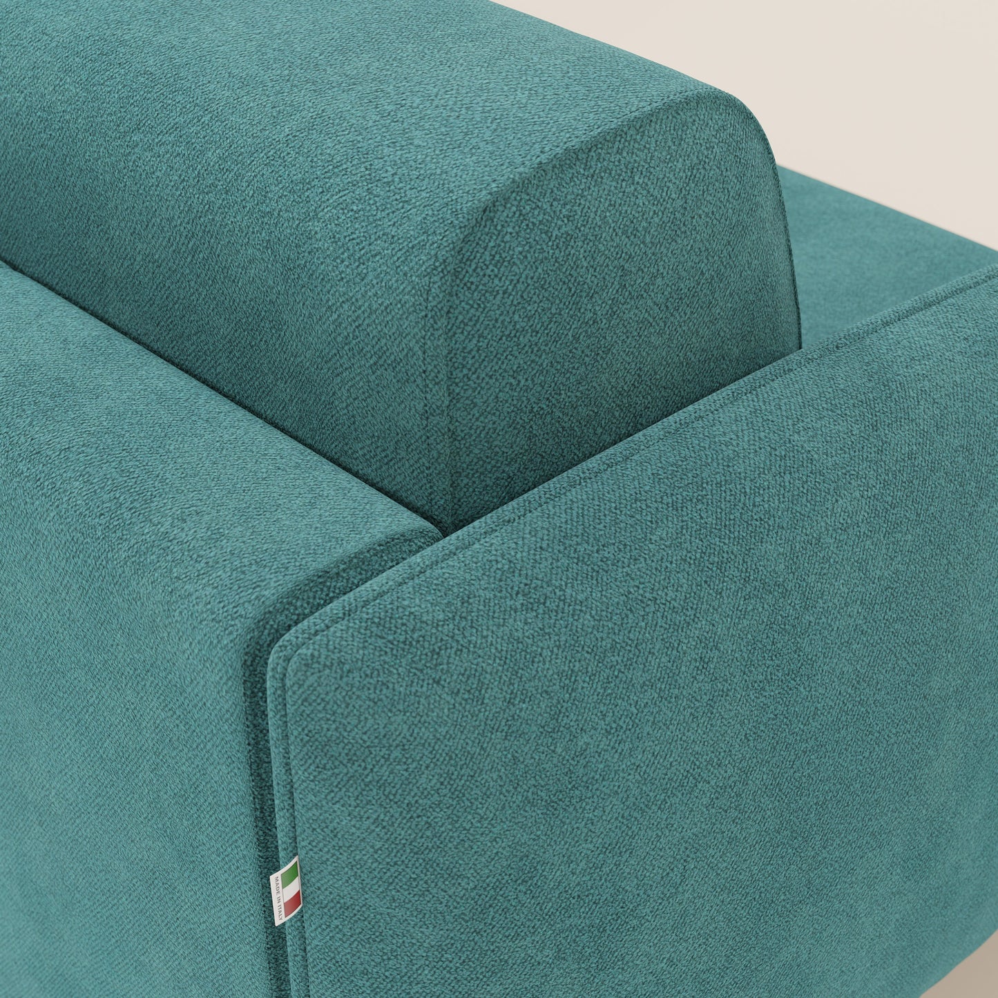 Giglio divano letto angolare con materasso alto 18 cm e penisola contenitore in morbido bouclé impermeabile T07 azzurro 