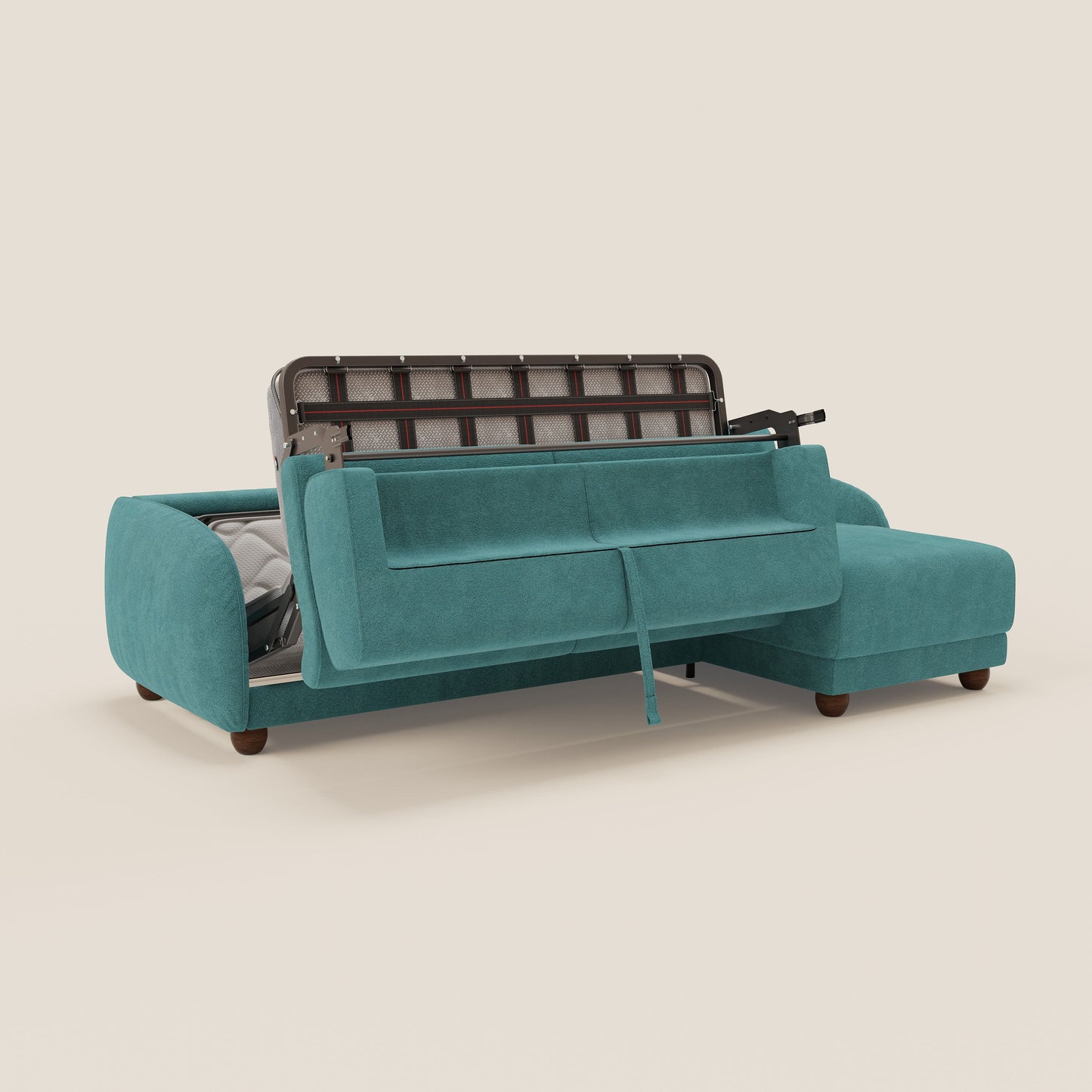 Giglio divano letto angolare con materasso alto 18 cm e penisola contenitore in morbido bouclé impermeabile T07 azzurro 