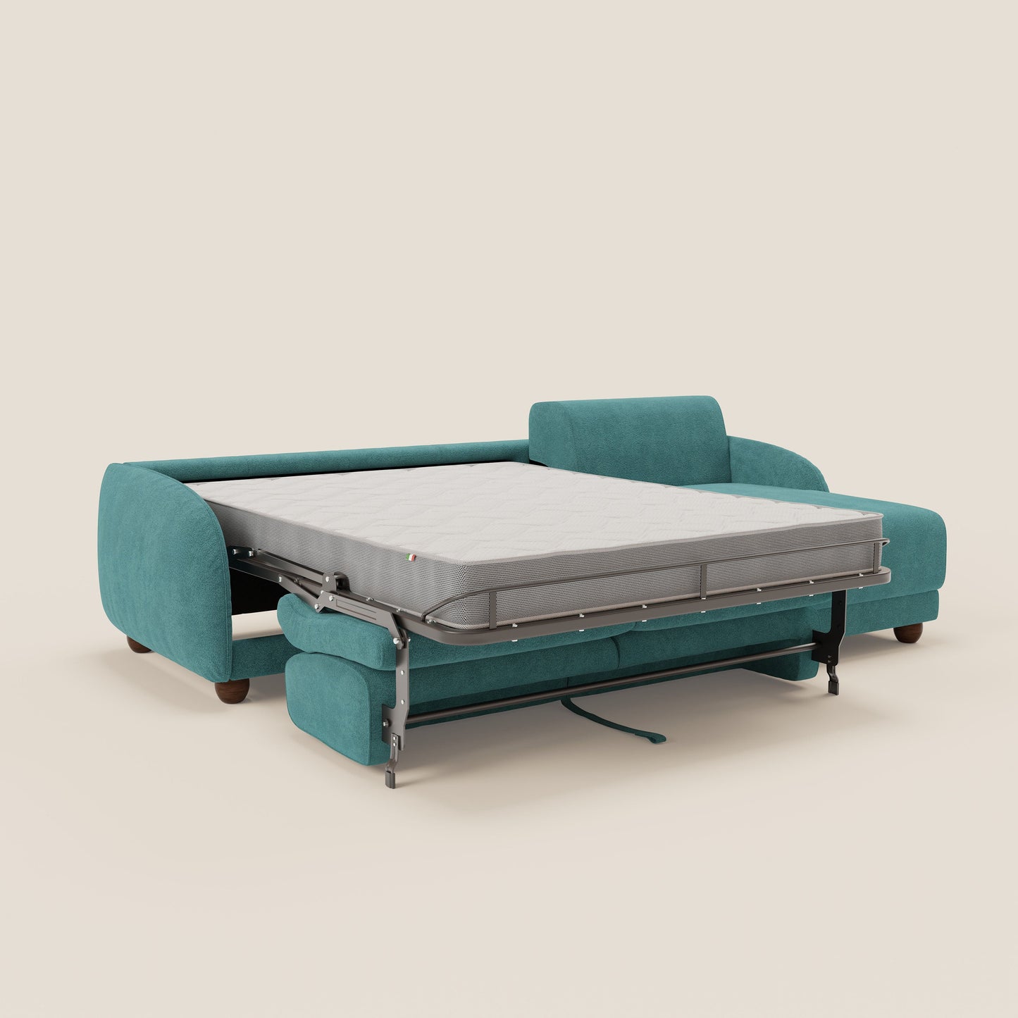 Giglio divano letto angolare con materasso alto 18 cm e penisola contenitore in morbido bouclé impermeabile T07 azzurro 