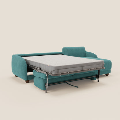 Giglio divano letto angolare con materasso alto 18 cm e penisola contenitore in morbido bouclé impermeabile T07 azzurro 