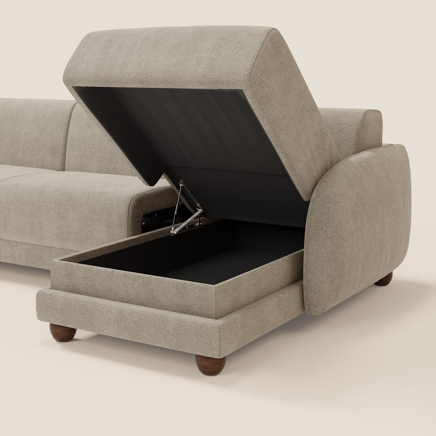 Giglio divano letto angolare con materasso alto 18 cm e penisola contenitore in morbido bouclé impermeabile T07 beige 