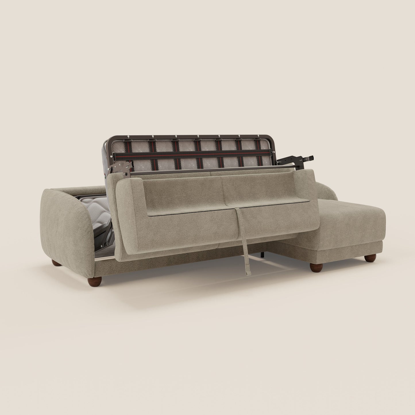 Giglio divano letto angolare con materasso alto 18 cm e penisola contenitore in morbido bouclé impermeabile T07 beige 