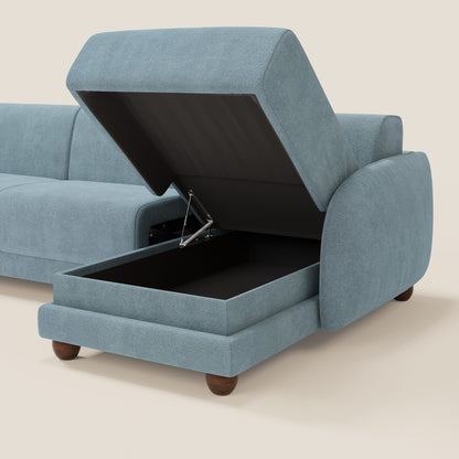 Giglio divano letto angolare con materasso alto 18 cm e penisola contenitore in morbido bouclé impermeabile T07 carta da zucchero 