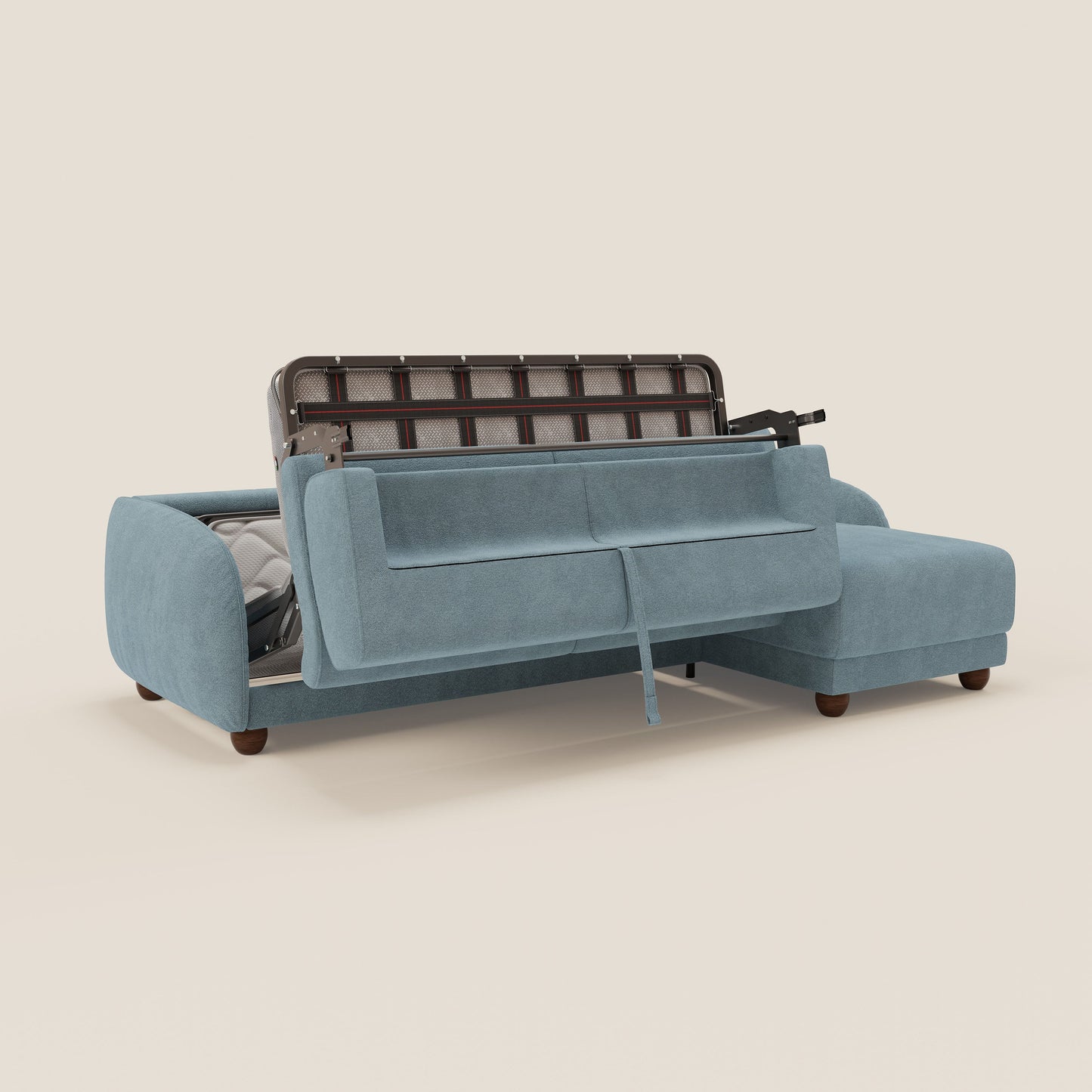 Giglio divano letto angolare con materasso alto 18 cm e penisola contenitore in morbido bouclé impermeabile T07 carta da zucchero 